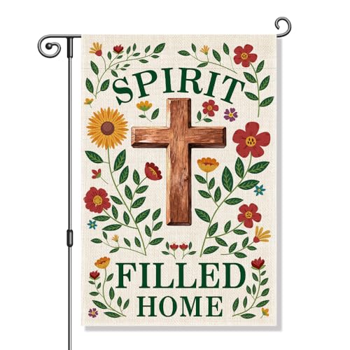 Spirit Filled Home Garden Flag, Floral Christian Cross Yard Sign, Religious Faith Christian Gifts for Friends, Housewarming Flag Gifts, Welcome Yard Catholic Farmhouse Holiday Outdoor Decor - color: Beige47