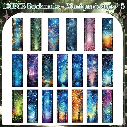 100 Pcs Fantasy Starry Night Bookmarks Moon Space Book Page Marks - color: Starry Night Forest
