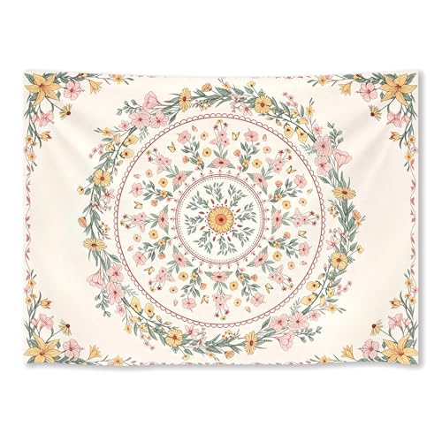 WIUHIO Bohemian Mandala Flower Tapestry Beige Pink Floral Aesthetic Wall Hanging Trendy Wildflower Medallion Print For Girly Apartment Wall Decor 60 x 80 inches - color: Beige, size: 80"L x 60"W