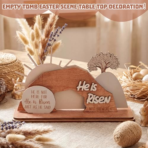 Blulu Empty Tomb Easter Scene and Christian Decoration Wooden Easter Resurrection Scene He is Risen Jesus Tomb Tray Set Nativity Jesus Scenes Decor for Religious Home Spring Decor Christian Gifts