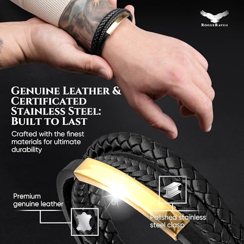 RogueRaven Black Leather Bracelet for Men – Premium Collection – Brown Black Gold Silver | Genuine Leather Mens Bracelet with Stainless Steel Clasp [Adjustable] | In Luxury Gift Box - color: black gold