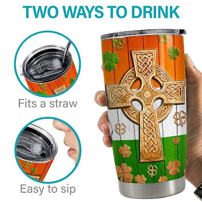 SANDJEST Irish Tumbler 20oz Celtic Cross Irish Fact Stainless Steel Tumbler with Lid Gifts for Women Birthday Christmas - color: Irish