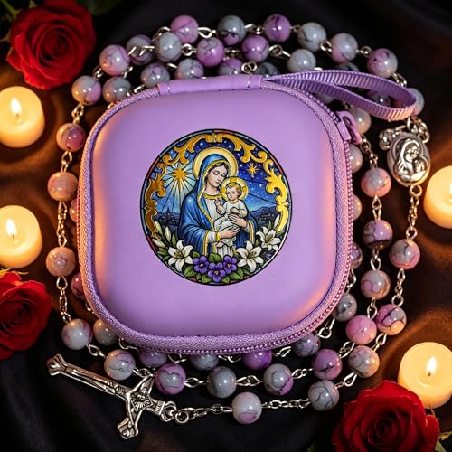 Handmade Rosary Beads for Women, Elegant Catholic Gifts for First Communion, Confirmation & Spiritual Prayer, Unique Beaded Rosary Necklace with Zippered Case - color: Light Purple - Madonna And Child