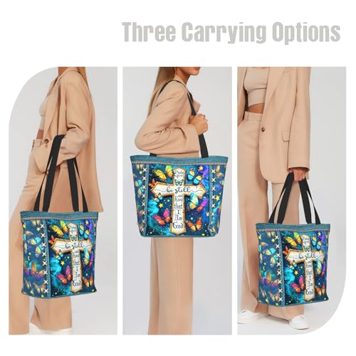 Bible Tote Bags for Women Christian Tote Bag Church Shoulder Bag Inspirational Bags With Zipper Christian Gift - color: Be Still and Know That I Am God 3