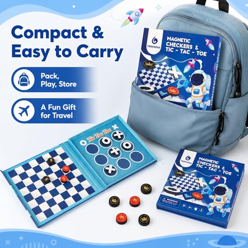 TRAVOFUN Magnetic Checkers Board Game | Travel Games for Kids 8-12 - style: Checkers&Tic-Tac-Toe