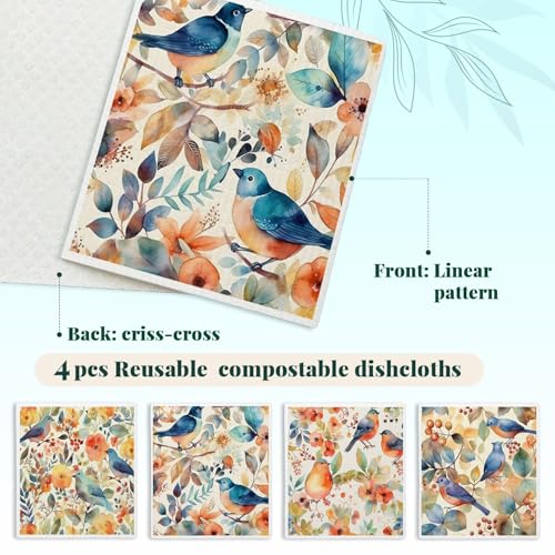Bird Flower Swedish Dishcloths for Kitchen, Papaya Reusable Paper Towels, 4 Pack Watercolor Dish Cloths, Washable - color: Bird Flowers
