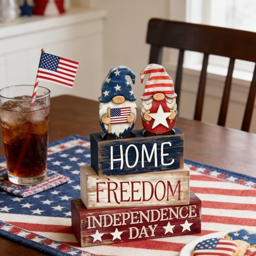 4th of July Table Decorations Patriotic Memorial Day Tiered Tray Decor Wooden Gnome Block Signs Independence Farmhouse 250th July Fouth Centerpiece for Tables Wooden Sign for Home Decor - style: Patriotic Gnomes