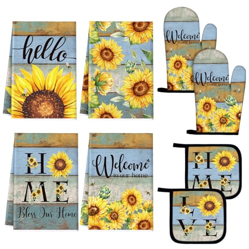 Leinuosen 8 Pcs Rustic Sunflower Kitchen Towels Dishcloths Accessories Set - color: Rustic Color, style: Sunflower
