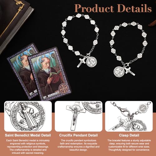 Brilucky 2 Sets St Benedict Bracelets with Saint Benedict Medals and Crucifix,Catholic Rosary Bracelet with Prayer Card for Women Men Gift,Medalla De San Benito Rosary Jewelry