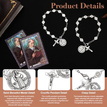 Brilucky 2 Sets St Benedict Bracelets with Saint Benedict Medals and Crucifix,Catholic Rosary Bracelet with Prayer Card for Women Men Gift,Medalla De San Benito Rosary Jewelry