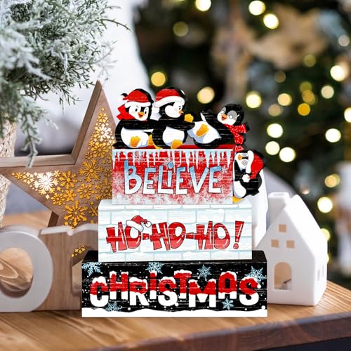 Britimes Christmas Tiered Tray Decor Set, 4 Pack Wooden Table Sign, Penguin - style: Penguin