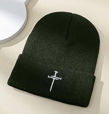 Christian Jesus Cross Beanie - Faith Winter Beanie Hats for Men Women - Religious Gifts for Christmas & New Years - color: Three Nails Cross/Army Green