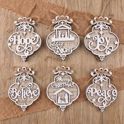 Shellwei 24 Pcs Christmas Ornament Bulk Wooden Nativity Scene Music Sheet - style: Quatrefoil