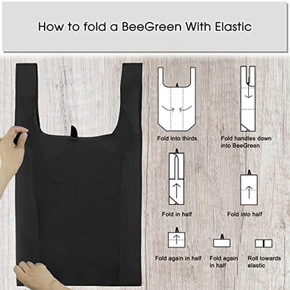 BeeGreen Black Reusable Grocery Bags Shopping Bags for Groceries 12 Pack Heavy Duty - Foldable Polyester Grocery Totes with Handles and Zipper Bag, Large Travel Washable Holiday Tote Bag Bulk - color: Black
