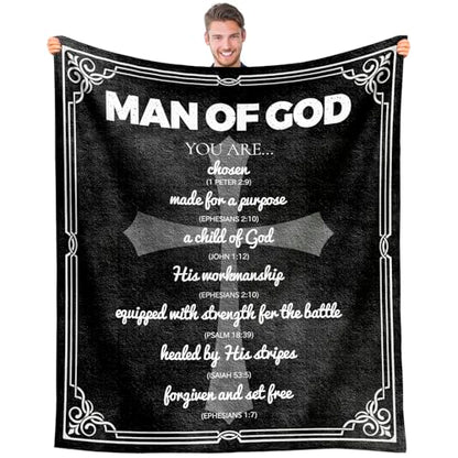 Fathers Day Christian Gifts for Men, Religious Confirmation Sponsor Gifts for Men Blanket 50"x60", Spiritual Inspirational Catholic Baptism Bible Faith Based Gift, Encouragement Gift for Man of God