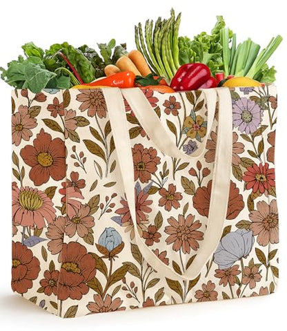 Miss Adola Cute Extra Large Canvas Grocery Tote Bag - color: Orange Floral