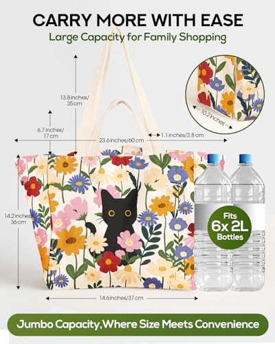 Miss Adola Extra Large Canvas Grocery Tote Bag - color: Cat Flowers