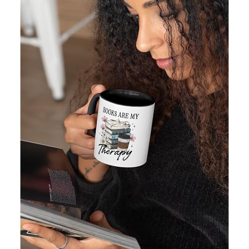 Book Lover Gifts - Books Are My Therapy Mugs with Black Handle, Bookish Coffee Mug with Stacked Book Design, Birthday, Christmas Gift for Books Lovers Women, Bookworm Mugs for Readers - color: Book with Black Handle