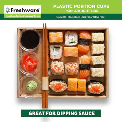 Freshware Plastic Portion Cups with Lids [2 Ounce, 200 Sets] Disposable Plastic Cups for Meal Prep, Salad Dressing, Jellos Shot Cups, Souffle Cups, Condiment and Dipping Sauce Cups - size: 2 oz - 200 sets