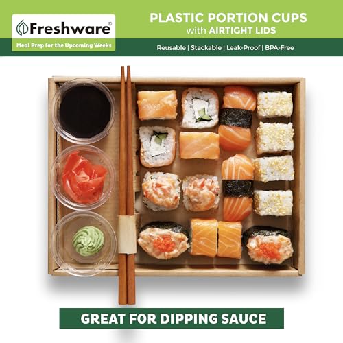 Freshware Plastic Portion Cups with Lids [2 Ounce, 100 Sets] Disposable Plastic Cups for Meal Prep, Salad Dressing, Jellos Shot Cups, Souffle Cups, Condiment and Dipping Sauce Cups - size: 2 oz - 100 sets
