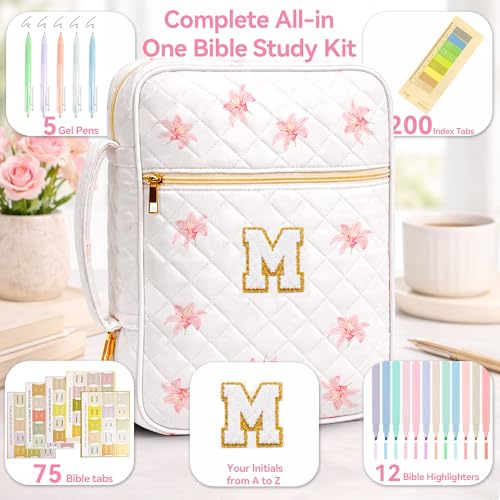 Bible Bag for Women, Bible Cover Case with Study Supplies, Initials Personalized Quilted Bible Bag, Large Chenille Bible Cover – Christian Gift for Girls (Pink Lilies-M)
