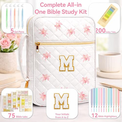 Bible Bag for Women, Bible Cover Case with Study Supplies, Initials Personalized Quilted Bible Bag, Large Chenille Bible Cover – Christian Gift for Girls (Pink Lilies-M)