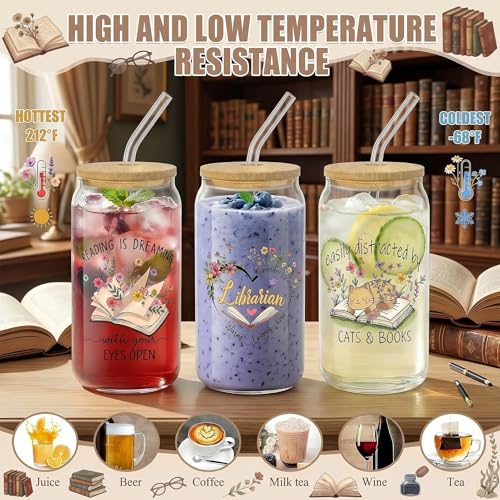 Glass Cups with Lids and Straws, 4Pack, 16oz, Bookworm Book - style: Book Lover