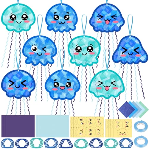 48PCS Summer Crafts: Paper Jellyfish Suncatchers DIY Kits, Window Stained Glass Effect Art Supplies - style: jellyfish