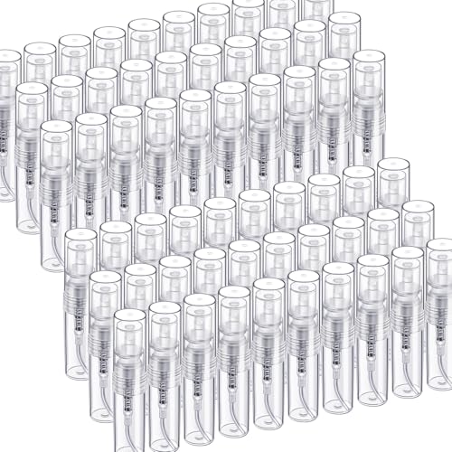 Fandamei Mini Spray Bottle, 60PCS 2ml Mini Clear Plastic Spray Bottle Empty, Fine Mist Refillable Mini Perfume Bottle. Small Empty Sample Containers Bottle. 2ml, 60 Pack, Clear, FANL-093 - size: 2ml