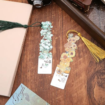 2 Metal Bookmarks with Tassel, Oil Painting Sunflowers and Vase with Roses - style: 《Sunflowers》 and 《Vase with Roses》
