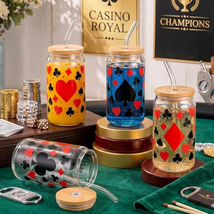 Glass Cups with Lids and Straws, 4Pack, 16oz, Poker Casino - color: Playing Cards Suits
