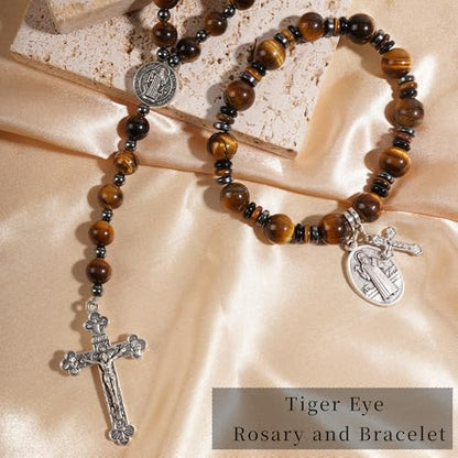 Rosary for Men Women, Natural Stone Beads with St. Benedict Bracelet - color: Tiger Eye