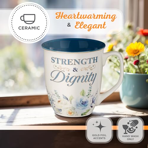 Christian Art Gifts Large Ceramic Inspirational Scripture Coffee & Tea Mug for Women: Strength & Dignity Encouraging Golden Bible Verse, Non-toxic Lead/Cadmium-free Cup, White & Blue Floral, 14 oz. - color: Blue/Strength & Dignity
