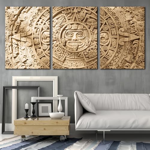 Pacimo 3 Pieces Framed Wall Art Decorations Aztec Calendar Painting Print on Canvas Mayan Civilization Wall Art for Home Office Decor Aztec Culture Modern Artwork Ready to Hang - 20"x28"x3 - color: Wallart-02, size: 20"x28"x3 Panels
