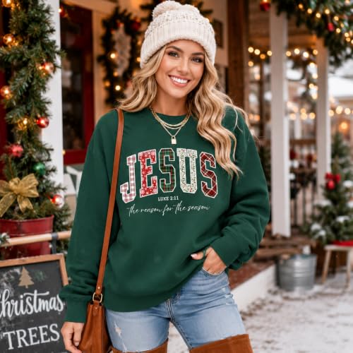 Women's Christian Christmas Sweatshirt Jesus Graphic Crewneck Holiday Top - color: Green, size: XX-Large