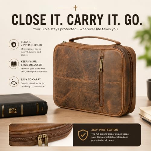 11 x 8 inch Real Leather Bible Cover for Men, Bible Case Women Organizer with Handle & Pocket Pen Holder Christian Religious Gift Bookmark Bible Carrying Bag for Church - Antique Brown - color: Brown