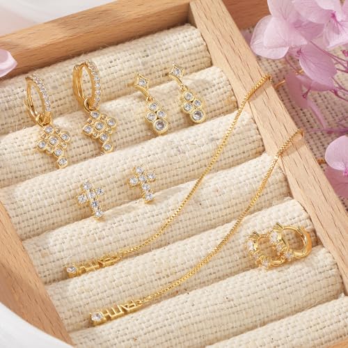 Gold Earrings Set for Women 14K Gold Plated Cubic Zirconia Love Heart Bowknot Clover Fruit Flower Insect Ocean Cross Huggie Hoop Earrings Stud Earrings Set for Multiple Piercing Party Jewelry Gifts - style: Cross