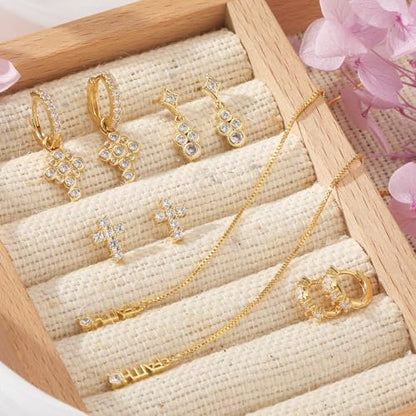 Gold Earrings Set for Women 14K Gold Plated Cubic Zirconia Love Heart Bowknot Clover Fruit Flower Insect Ocean Cross Huggie Hoop Earrings Stud Earrings Set for Multiple Piercing Party Jewelry Gifts - style: Cross