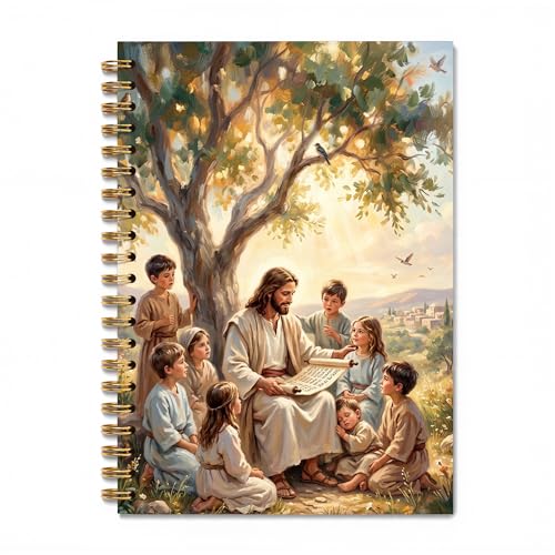 DOFQZ Jesus With Children Christian Spiral Notebook Journal, Christian Gifts for Kids, Religious Bible Notebook Journal for Church Prayer Study Note Taking, 5.5 x 8.3 Inches - color: 23child