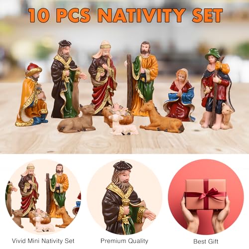 Mini Nativity Set 10pcs, Resin Nativity Scene Figurines Baby Jesus Oranment for Home Office Tabletop Decoration Desktop - size: 10 pcs