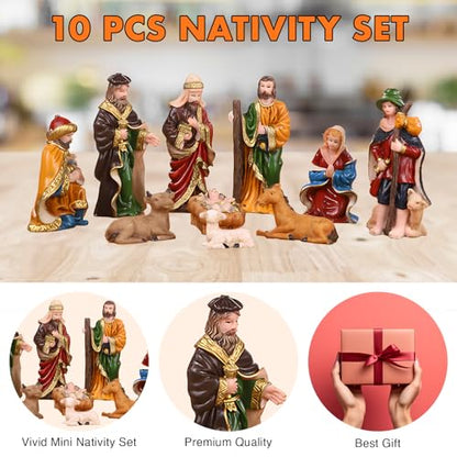 Mini Nativity Set 10pcs, Resin Nativity Scene Figurines Baby Jesus Oranment for Home Office Tabletop Decoration Desktop - size: 10 pcs