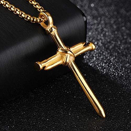 Men's Stainless Steel Nail Cross Pendant Necklace With 24 Inch Chain - color: Gold