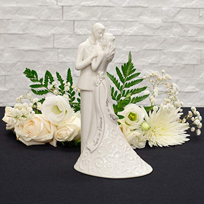 Roman 8.5" Wedding Cake Topper – Elegant Bride and Groom Figurine with “Love Is Patient” Inscription, Porcelain Finish, Wedding or Anniversary Keepsake