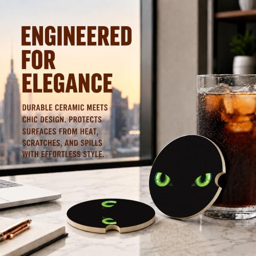 Black Cat Green Eyes Car Coasters, Dark Spooky Gothic Cup Holders, 16 - color: Black Cat Green Eyes