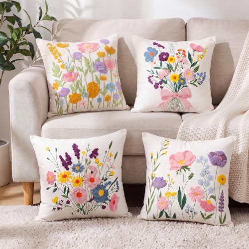 Mixweer 4 Pcs Wildflowers Pillow Covers Set, 18 x 18 Inch Embroidered Pillow Cases, Square Throw Cushion Cover for Couch Sofa Bed Home Decor - style: Wildflowers