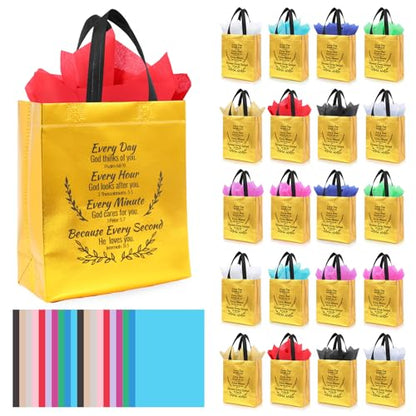 LUAVIARU 40 Pcs Bible Verse Christian Gift Bags Set – 20 Gold Reusable Gift Bag with Handles & 20 Tissue Paper, Religious Gift Bag for Church Events, Baptism, Easter, Communion, Congratulations - color: Golden, size: 20