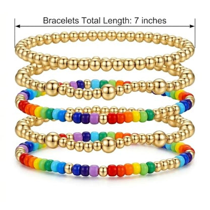 Gold Pearl Beaded Cross Bracelets Stack Set for Women, Boho Handmade Colorful Small Beads Stretchable Jewelry Friendship Summer Trendy Gift. - color: Rainbow
