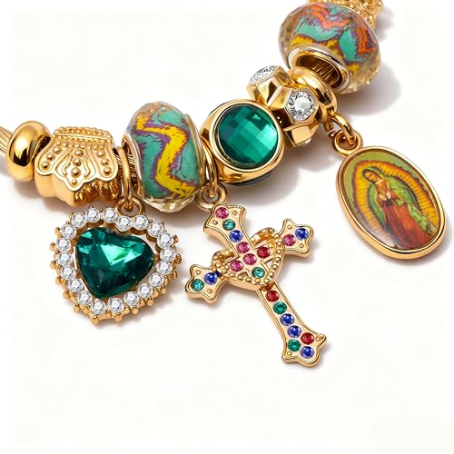 A&K Collections Mothers Day 18K Gold Beads Easter Basket Stuffers Bangle with Rhinestones Pandora Style Trendy Cross Heart Charm Luxury Adjustable Bracelet for Women Teen Girl Gifts Trendy Stuff Religious Jewelry - color: 18K GOLD/Green Charms