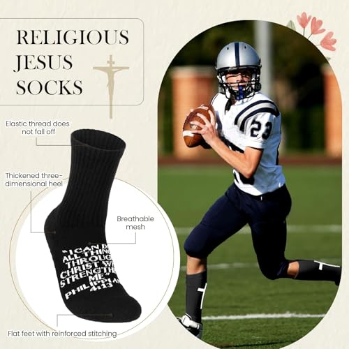 Glitopper Men's Cross Grip Soccer Socks Christian - color: Black, style: Philippians 4:13