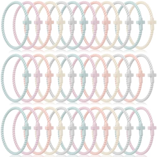 Soaoo 24/60 Pcs Jesus Bracelets Cross Silicone Bracelet Braided Stackable Rubber Wristband Silicone Jewelry Gift for Women Men - color: Boho Color, size: Cross